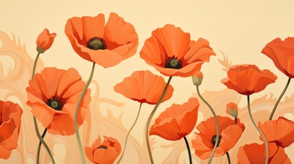  a painting of red poppies in a field of orange poppies on a yellow background with white swirls.