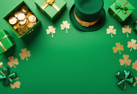 Top-down image of leprechaun hat, gift boxes, pot of gold, bowtie, shamrocks, and confetti on green backdrop with empty space.