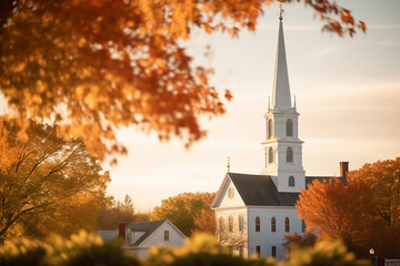 Small town American church, white clapboard, classic steeple, surrounded by fall foliage - obrazy, fototapety, plakaty