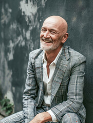 Portrait of a Man with Shaved Head in Middle Age most Elegant in Suit Magazine Cover Background Card Brainstorming 