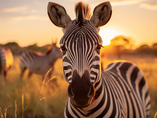 Naklejka premium zebra, eyes reflecting the setting sun, surrounded by the herd in the backdrop