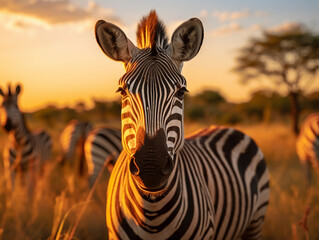 zebra, eyes reflecting the setting sun, surrounded by the herd in the backdrop