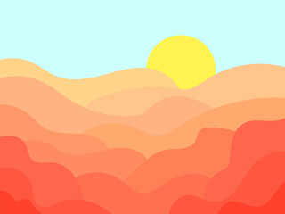 Fototapeta na wymiar Desert landscape with dunes and sun in a minimalist style. Desert wavy landscape with sun. Design for printing banners, posters, book covers. Vector illustration