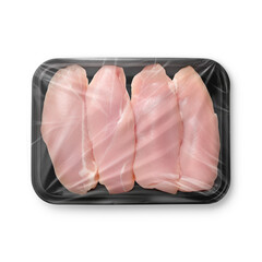 a image of a black plastic tray of chicken brest isolated on a white background