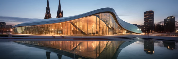 Foto op Canvas Contemporary urban church, sleek glass and steel architecture, city skyline in the background © Gia