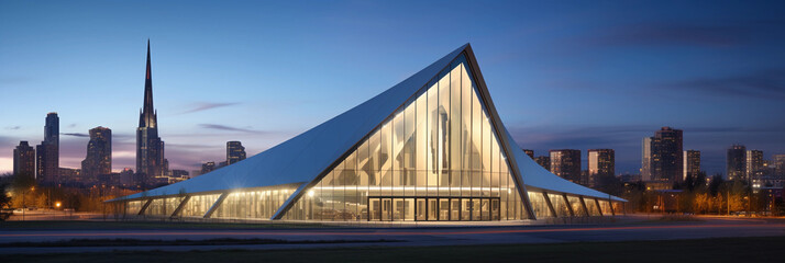 Contemporary urban church, sleek glass and steel architecture, city skyline in the background