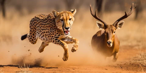  cheetah in mid-sprint, muscles tensed, chasing an antelope in the savanna © Gia