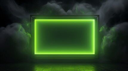 Empty dark background with green fluorescent neon laser lights. Party and night club concept background with copy space for text or product display.