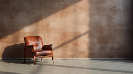 Brown luxury leather armchair in a large empty industrial style space with large window and shadow on rough concrete wall, empty copy space.