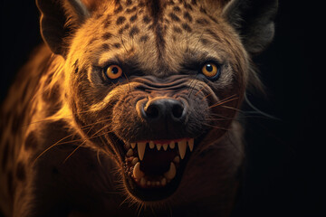 spotted hyena, sharp focus on eyes, open mouth showing teeth