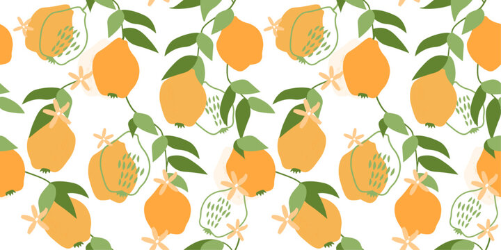 A seamless pattern with pears hanging from the branches with leaves. Summer abstract fruit print. Vector graphics.