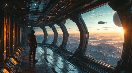 Astronaut standing in spacestation with big windows orbiting a planet. - obrazy, fototapety, plakaty