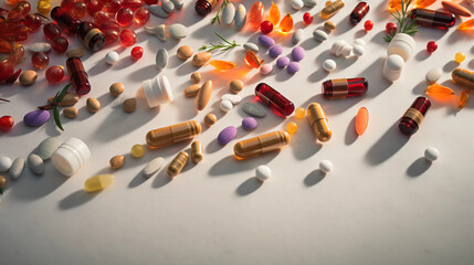 Obraz premium colorful array of herbal supplement capsules spilled from a bottle, white marble background