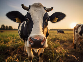 Holstein cow, grazing in an open pasture during golden hour, expressive eyes, slight bokeh in the background