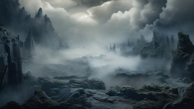  a foggy landscape with rocks and trees in the foreground and a dark sky with clouds in the background.