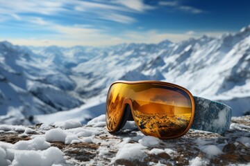 Ski goggles with reflection of mountains against the backdrop of scenic snowy mountain tops. Winter ski and snowboarding vacation concept.
