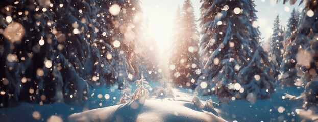 Snowy forest with trees and sunlight. Christmas and New Year background