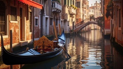 a gondola on a canal with buildings and a bridge in the background with a red awning over it. - obrazy, fototapety, plakaty