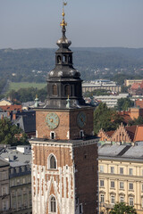 Aerial view from tower main market square with Town Hall Tower, Krakow, Poland