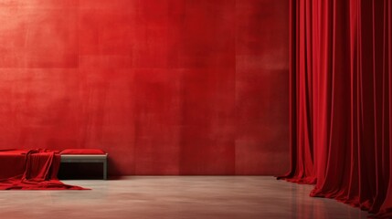  a red room with a red curtain and a white table with a red cloth on it and a black bench in front of it.