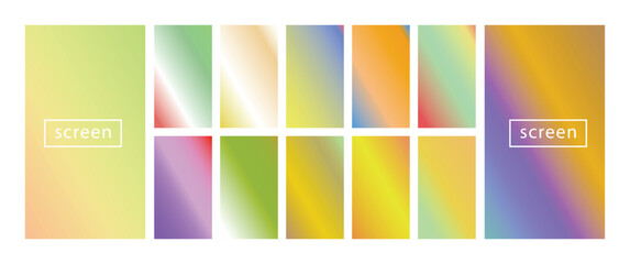 Mobile screen lock display collection of colorful backgrounds in trendy neon colors. Modern screen vector design for mobile app. Soft color abstract pastel holographic gradients. Swatches for design