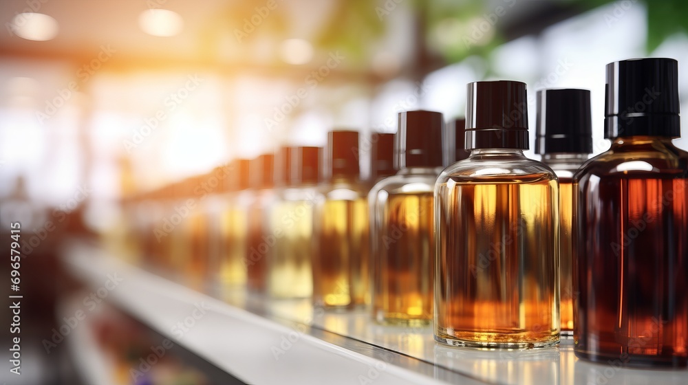 Poster blurred bokeh effect close up of unlabeled product with retail store shelf background