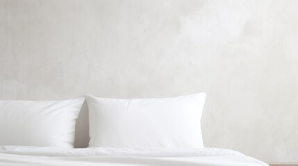 Fototapeta na wymiar a bed with a white comforter and two white pillows on top of it, against a plain white wall.