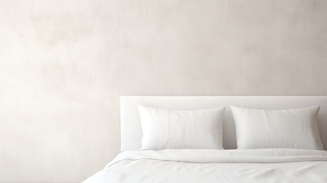  a bed with white sheets and pillows in a room with a beige wall and a white headboard and foot board.