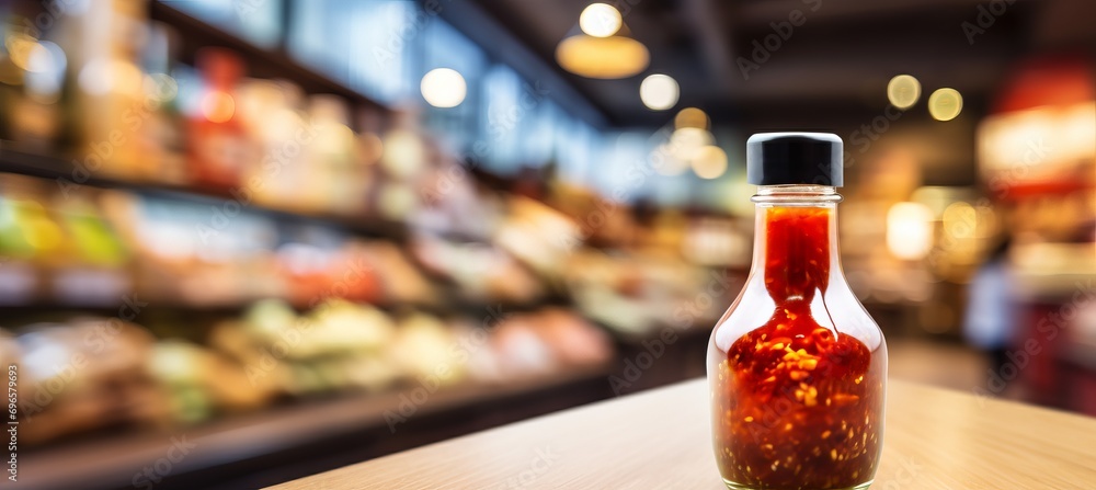 Poster defocused bokeh background of unlabeled product on store shelf with abstract product display concept