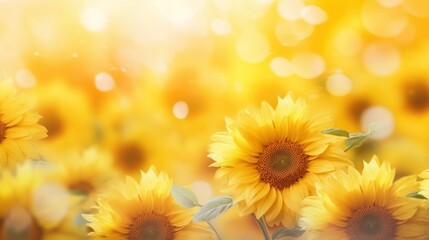 Fototapeta premium a bunch of yellow sunflowers in a field with a bright yellow boke of light in the background.