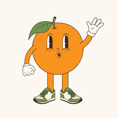Cartoon groovy orange in trendy retro 70s style.Vector illustration