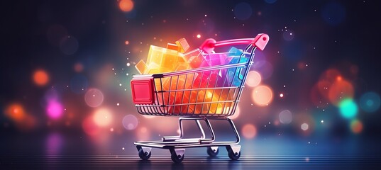 Vibrant e commerce bokeh design with colorful shopping cart icons and retail elements - obrazy, fototapety, plakaty