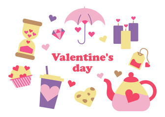 Set of Valentine Day Items. Heart shaped cookies and chocolate chip cupcake. Kettle, tea bag. Warm tea made with love. Candles. Hourglass. Umbrella. Cup of coffee. Love time. Vector illustration