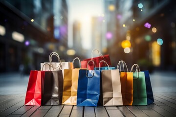 Blurred bokeh with vibrant shopping bags and e commerce symbols for retail and e commerce concept