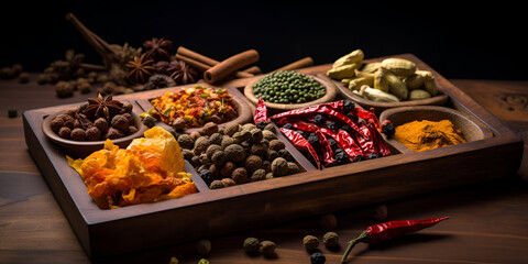 Kitchen Spices Background,Assorted spices and spicy in silver bowls top view,Spicy food dish with dark background,generative AI

