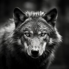A wolf face in black and white