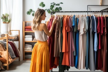 Blurred bokeh effect, woman browsing clothing rack in department store with bokeh background