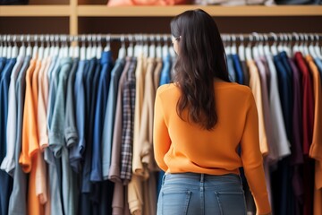 Naklejka na ściany i meble Blurred bokeh effect woman browsing clothing rack with blurred bokeh background in department store