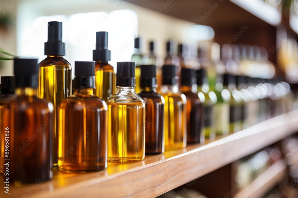 Poster abstract blurred bokeh background with unlabeled product on retail store shelf display