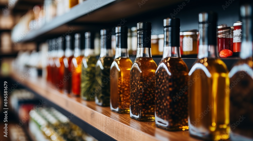 Poster blurred bokeh background of unlabeled product on retail shelf, creating captivating visual effect