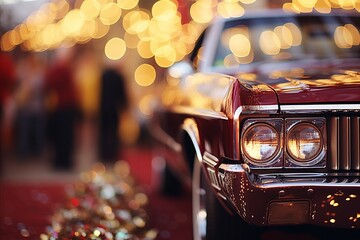 Vibrant car showroom bokeh effect with classic automotive icons and vintage car imagery