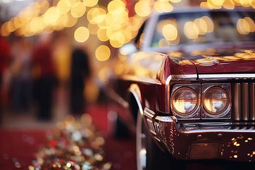 Photo sur Plexiglas Voitures anciennes Vibrant car showroom bokeh effect with classic automotive icons and vintage car imagery