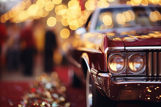 Fototapeta Vibrant car showroom bokeh effect with classic automotive icons and vintage car imagery