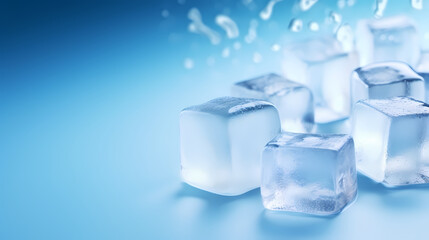 Frozen ice cubes on blue background with copy space