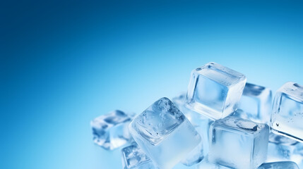 Frozen ice cubes on blue background with copy space