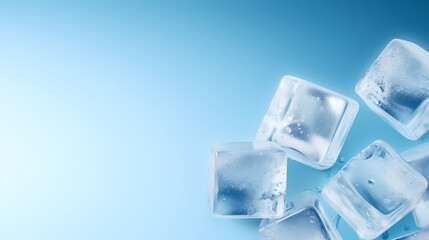 Frozen ice cubes on blue background with copy space