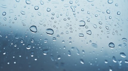  drops of water on a window with a blue sky in the background of the image and a blue sky in the background of the window.