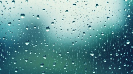  a close up of a rain covered window with drops of water on the glass and a blurry sky in the background.