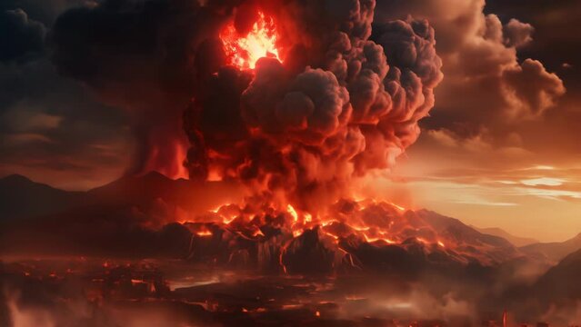 Vulcano eruption aerial view with smoke and explosion animation 