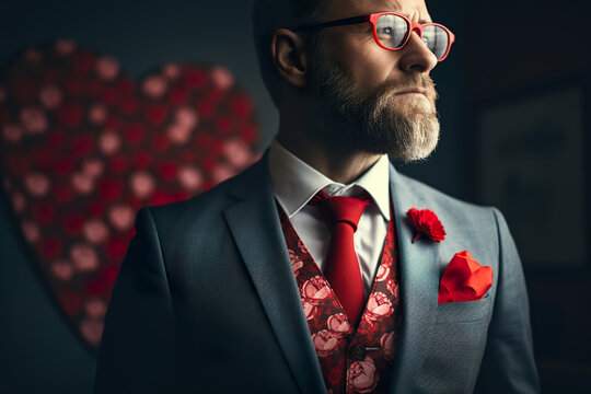 Portrait of a man wearing a Valentine's Day themed tie